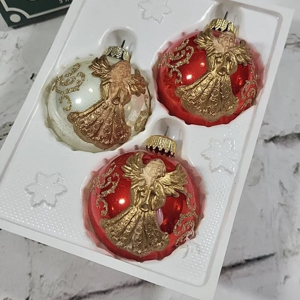 Vintage Kugelgruss Christmas Ornaments Box Of 3‎ Red Gold Noel Angels Germany